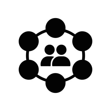 Black vector icon illustrates teamwork and collaboration. Two stylized figures are connected by a network of circles, symbolizing connection and unity. White background.