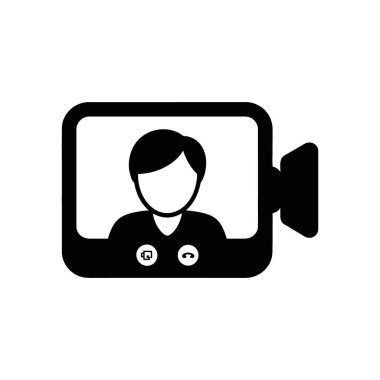 Black silhouette vector illustration of a video call screen showing a person, microphone toggle, and end call button. Depicts virtual communication on a white background.
