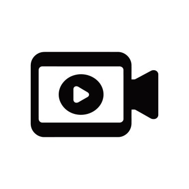 Minimalist black video camera icon featuring a play button inside a circle. Vector design ideal for multimedia, film, or streaming platforms; displayed on white background.