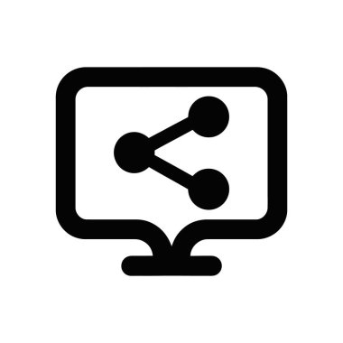 Black share network icon on a computer screen. Perfect for illustrating network sharing, data connection, digital networks. Vector icon with a white background.