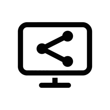Outline vector icon shows a share symbol inside a computer monitor, on a clean white background. Represents sharing, connecting, or distribution features in technology.