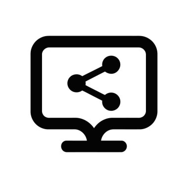 Black vector icon displaying a share symbol inside a monitor, representing network connections and data sharing. Illustrates connectivity between users and devices, on white background.