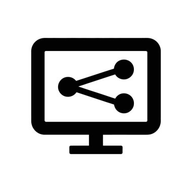 Black silhouette of a monitor displaying a share icon on a white background, perfect for symbolizing connectivity or data dissemination in digital interfaces.