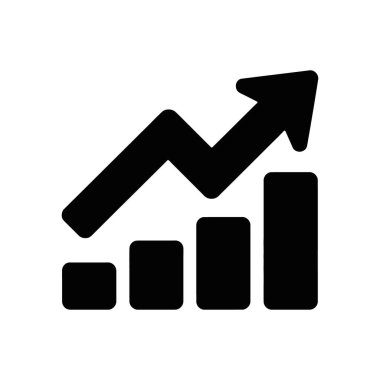 Yükselen bir çubuk grafiğinin siyah vektör simgesini, iş büyümesini, finansal başarıyı ve pozitif eğilimi temsil eden yukarı bakan bir okla gösterir.