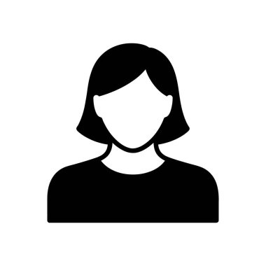 Siluet çizimi, kısa saçlı, siyah gömlekli, beyaz tenli meçhul kadın ikonunu gösteriyor. Kullanıcı profilleri, web sitesi ve uygulama arayüzleri için basit vektör avatarı.