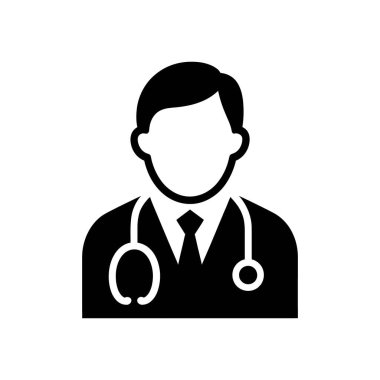 Temiz, basit bir doktor vektör simgesi. Doktor takım elbise, kravat ve steteskop giyiyor. Çok yönlü kullanım için açık beyaz arkaplan üzerine profesyonel tasarım.
