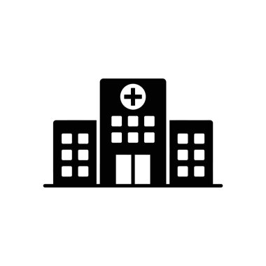 Bu vektör grafiği, pencereler ve merkezi haçla detaylandırılmış minimalist bir siyah hastane simgesini gösteriyor..
