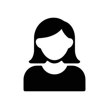 Basit bir siyah-beyaz vektör simgesi, temiz beyaz arkaplan üzerinde kullanıcı arayüzü, profili veya avatar amaçları için minimalist tasarımı, omuz hizasında saçları olan bir kadını gösterir.