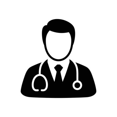 Bu temiz vektör görüntüsü, boyunlarında takım elbise, kravat ve steteskop olan bir doktorun saf beyaz zemine karşı siyahlar içinde olduğunu gösteriyor..