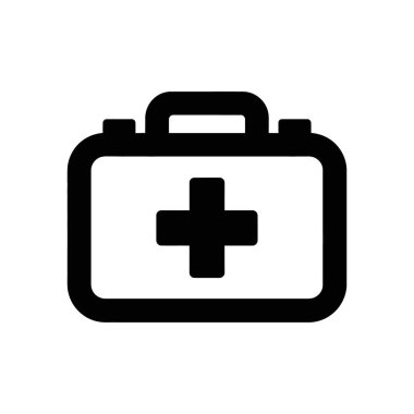 İlk yardım çantasını tasvir eden minimalist bir siyah beyaz vektör ikonu. Teçhizatta belirgin bir çapraz sembol var, beyaz bir arkaplanda izole edilmiş..