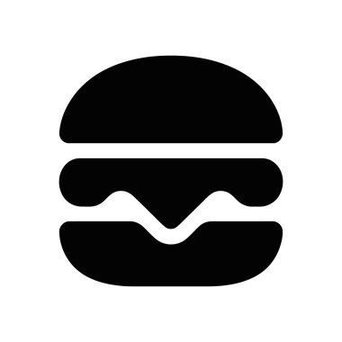 Hamburgerin basit bir siyah-beyaz vektör simgesini gösteriyor. Simge, hamburgeri ya da hamburgeri temsil ediyor. Çörekleri ve dalgalı bir tabaka dolguyu..
