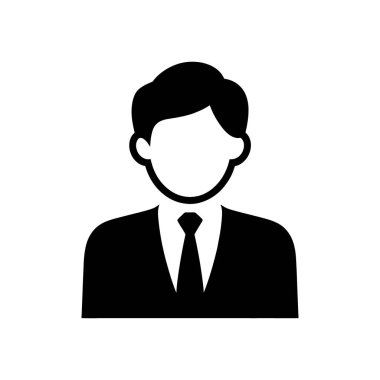 Beyaz arka planda izole edilmiş takım elbise ve kravat takan bir iş adamının siluet vektör simgesi. İş, kullanıcı profili veya profesyonel sunum tasarımları için ideal.