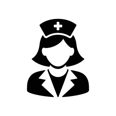 Bu vektör ikonu, hemşire şapkası takmış, tıbbi haç ve profesyonel ceket takmış bir hemşirenin siyah beyaz görüntüsünü tasvir ediyor..