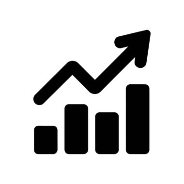 Basit bir siyah vektör simgesi yükselen grafik çubuklarını ve ilerleyişi, karı, gelişimi gösteren yükselen bir ok eşliğinde temiz beyaz bir arkaplanda gösterir.