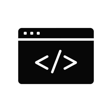 Beyaz renkli üç nokta, bir çizgi ve kodlama parantezi içeren siyah bir tarayıcı penceresi gösteren vektör simgesi. Kodlamayı, geliştirmeyi veya programlamayı temsil eder.