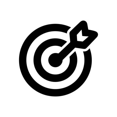 Merkezine ok saplanmış siyah bir hedef simgesinin vektör çizimi. Hedefin eşmerkezli daireleri var ve çok yönlü kullanım için beyaz bir arkaplan üzerinde..