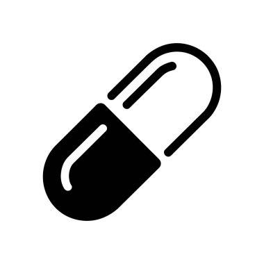 Bir kapsül hapının minimalist siyah vektör ikonu, temiz beyaz arka planda izole edilmiş. Tıbbi veya tıbbi kullanım için basit ve etkili tasarım, kolayca ölçeklenebilir.