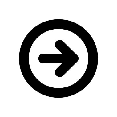 Bir dairenin içine yerleştirilmiş, temiz, beyaz bir arkaplan üzerinde yön, navigasyon veya eylemi temsil etmek için ideal bir sağdaki okun basit siyah vektör simgesi.