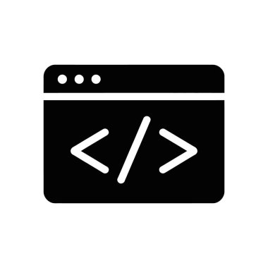 Ağ geliştirme, programlama ve betik yazmayı sembolize eden açı parantezli bir kod penceresinin katı bir siyah vektör simgesini düz beyaz arkaplana karşı gösterir.