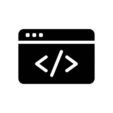 Ağ tasarım projelerinde programlama ve geliştirmeyi temsil etmek için ideal, beyaz arkaplan üzerinde açı parantezleri içeren siyah doldurulmuş pencere vektörü simgesi.