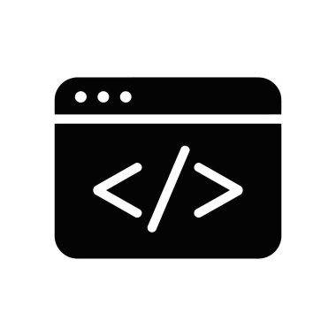 Temiz beyaz arkaplan için HTML kod simgelerini içeren bir siyah kodlama penceresinin vektör simgesi, web geliştirme, kodlama veya yazılım mühendisliği temaları için ideal.