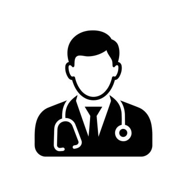 Doktoru temsil eden basit bir siyah vektör simgesi. Tasarımda steteskop ve kravat takan temiz beyaz bir arkaplan üzerine kurulmuş bir profesyonel yer alıyor..