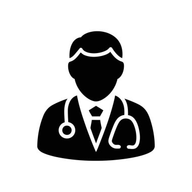Boynunda steteskop olan siyah doktor vektör ikonu, temiz beyaz arka plana ayarlı. Tıbbi semboller ve sağlık hizmeti tasarımı için ideal.