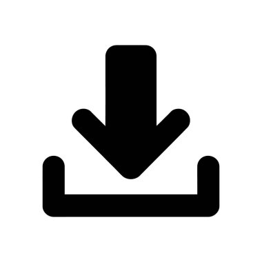 Temiz, minimalist siyah ok vektör simgesini beyaz zemine indir. Dosya indirme, veri transferi, yazılım kurulumu veya içerik kaydetme sürecini sembolize eder.