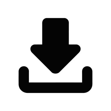 Beyaz bir arkaplan üzerine kurulmuş, dijital aktarımı veya veri depolamasını gösteren, aşağıya doğru bir siyah indirme oku tasvir eden vektör simgesi.