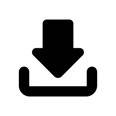 Siyah indirme simgesinin vektör illüstrasyonu. Simge bir tepsinin üzerinde aşağıya bakan bir ok içeriyor, hepsi temiz beyaz bir arkaplan üzerine kurulu. Resim web ve grafik tasarımları için idealdir.