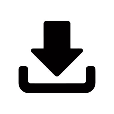 Beyaz arkaplanda izole edilmiş siyah indirme simgesinin vektör illüstrasyonu. Simge, bir indirme eylemini işaret eden bir ok içeriyor..