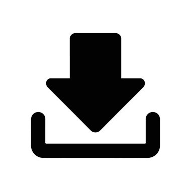 Bir siyah indirme simgesinin çıtır vektör çizimi, açık bir ok ile kutucuk benzeri bir tepsiye işaret ediliyor, hepsi temiz beyaz bir arkaplan üzerine kurulmuş.