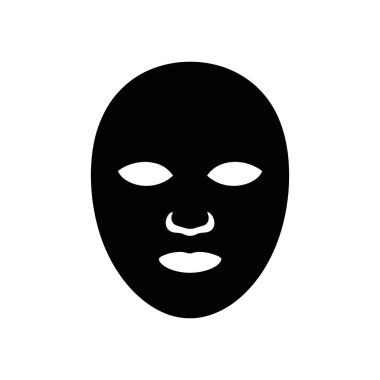 Gözler, burun ve ağız için beyaz kesme şekilleri içeren koyu siyah bir yüzün izole edilmiş vektör silueti, çok yönlü kullanım için katıksız beyaz bir zemin üzerine kuruludur..