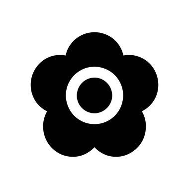 Merkezinde belirgin beyaz bir daire olan basit bir siyah çiçek vektör ikonu. Simge çok yönlü kullanım için temiz, beyaz bir arkaplan karşısında görüntülenir.