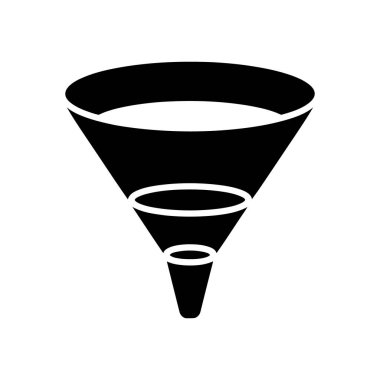 Temiz beyaz bir arkaplan karşısında izole edilmiş siyah huni vektör simgesi, bir diyagramın daralma aşamalarını gösteren filtreleme, dönüştürme ve analitik süreçleri sembolize eder..