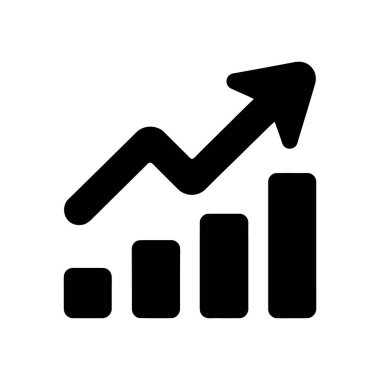 Beyaz zemin üzerinde izole edilmiş siyah büyüme çizelgesi simgesi, yükselen sütunların üzerinde yükselen bir ok, vektör biçiminde ilerleme ve gelişimi temsil eder.