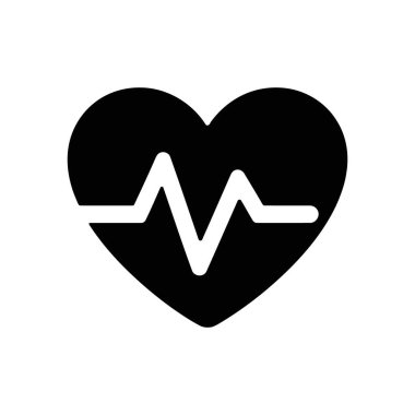 İzole edilmiş vektör illüstrasyonunda, beyaz elektrokardiyogram (EKG) çizgisi olan siyah kalp şekilli bir ikon, temiz ve beyaz bir arkaplanda yer alıyor..