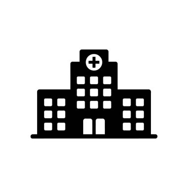 Üzerinde belirgin bir haç olan siyah bir hastane binasının basit, temiz bir vektör ikonu, beyaz arka planda. Çeşitli tıbbi projeler için ideal.