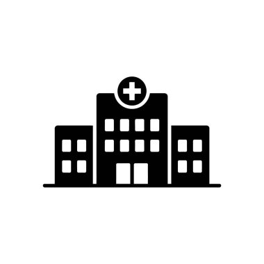 Siyah bir hastane binasının izole edilmiş vektör ikonu. Birden fazla penceresi olan üç parçalı bir bina ve ana bölümde bir sağlık haçı var. 154 karakter.