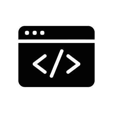 Yuvarlak kenarlı siyah bir tarayıcı penceresini gösteren izole vektör simgesi, beyaz arkaplanda sol ve sağ açı parantezlerinden oluşan kodlama sembolünü gösterir.