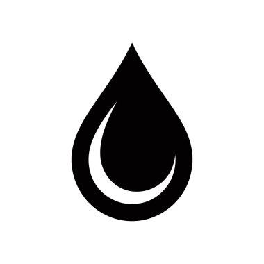 Siyah bir su damlasının izole edilmiş vektör ikonu altta hilal şeklinde beyaz bir çizgi içeriyor. Damla tasarımı basit ve temiz, düz beyaz arkaplan üzerine kuruludur..