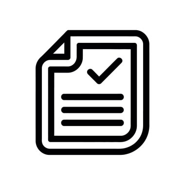 Minimalist bir siyah ana hatlı vektör simgesi, yatay çizgileri ve belirgin bir kontrol işaretine sahip bir belgeyi betimler. Bu basit tasarım temiz beyaz bir arkaplana dayanır..