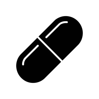 Bir hap veya kapsülün minimalist siyah vektör ikonu, temiz beyaz bir zemin üzerinde izole edilmiş, ilaç, sağlık ve ilaç kavramlarını temsil etmek için ideal.
