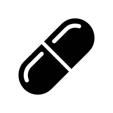 Beyaz arka planda izole edilmiş siyah hap ikonu. Bu minimalist grafik ilaç, ilaç, sağlık ve tedavi kavramlarını temsil etmektedir..