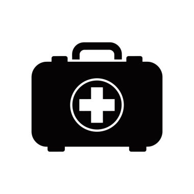 Beyaz haç sembollü siyah bir ilk yardım çantasının vektör çizimi, beyaz arka planda, sağlık ve acil durum malzemelerini temsil ediyor..