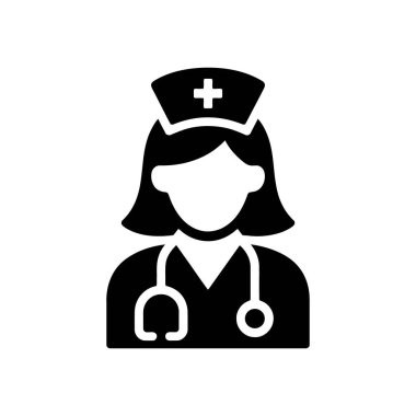 Vektör ikonu, boynunda haç sembolü ve steteskop olan siyah bir hemşire siluetini beyaz bir arkaplan üzerinde tasvir ediyor..