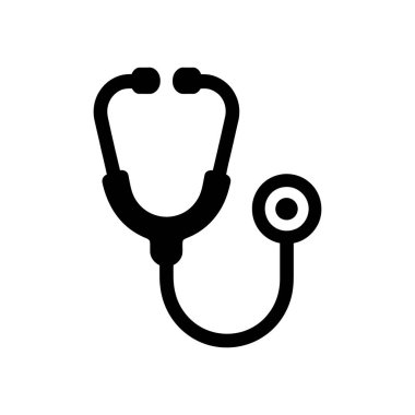 Temiz bir vektör simgesi beyaz arkaplanda izole edilmiş siyah bir steteskop gösterir. Tıbbi cihaz, tıp uzmanları için sağlık hizmetleri ve teşhis araçlarını vurguluyor.