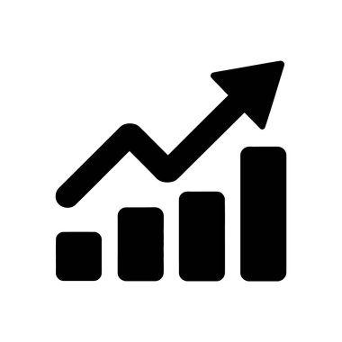 Beyaz arkaplandaki temiz, izole bir vektör çizelgesi, yukarı doğru eğilimli bir okla, büyümeyi ve olumlu ilerlemeyi sembolize eden siyah bir çubuk grafiğini gösteriyor..