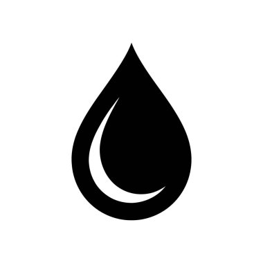 Hilal şeklindeki ışık yansımasına sahip minimalist bir siyah su damlası ikonunu bembeyaz arka planda gösteriyor. Sıvıları ve suyu temsil etmek için ideal..