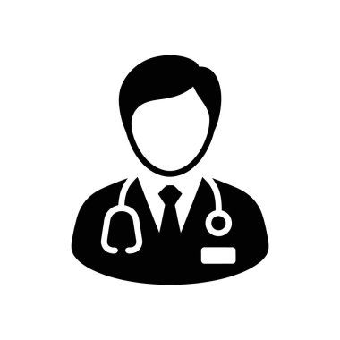 Beyaz arka planda steteskop, kravat, ceket ve rozeti olan bir doktoru temsil eden profesyonel monokrom vektör ikonu. Tıbbi ve sağlık çizimleri için mükemmel..